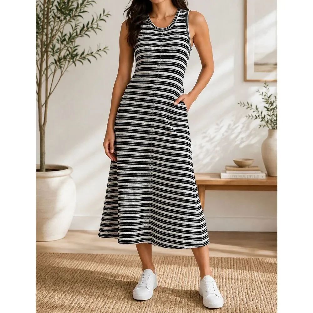 Everlane Striped Sleeveless Midi Dress Black White Ribbed Size M
